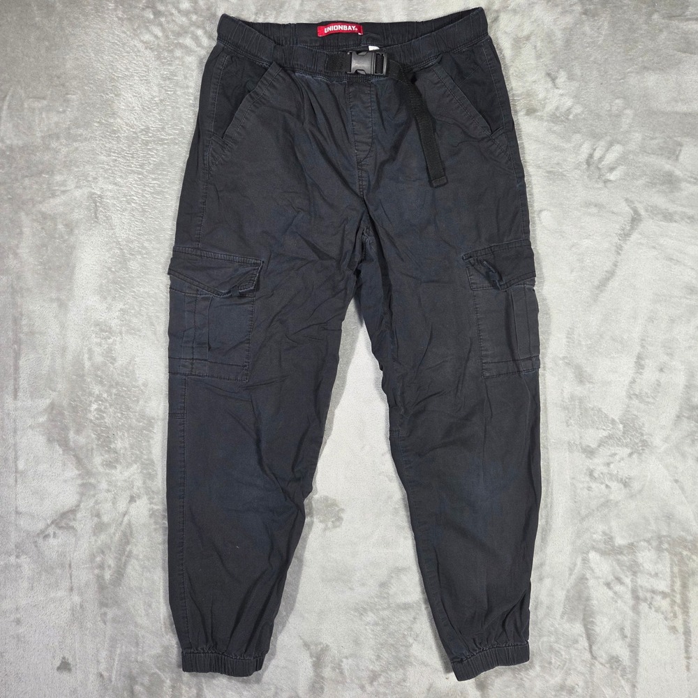 Unionbay Women Black Cargo Jogger Pants Size 11 30W Buckle Belt Utility Twill